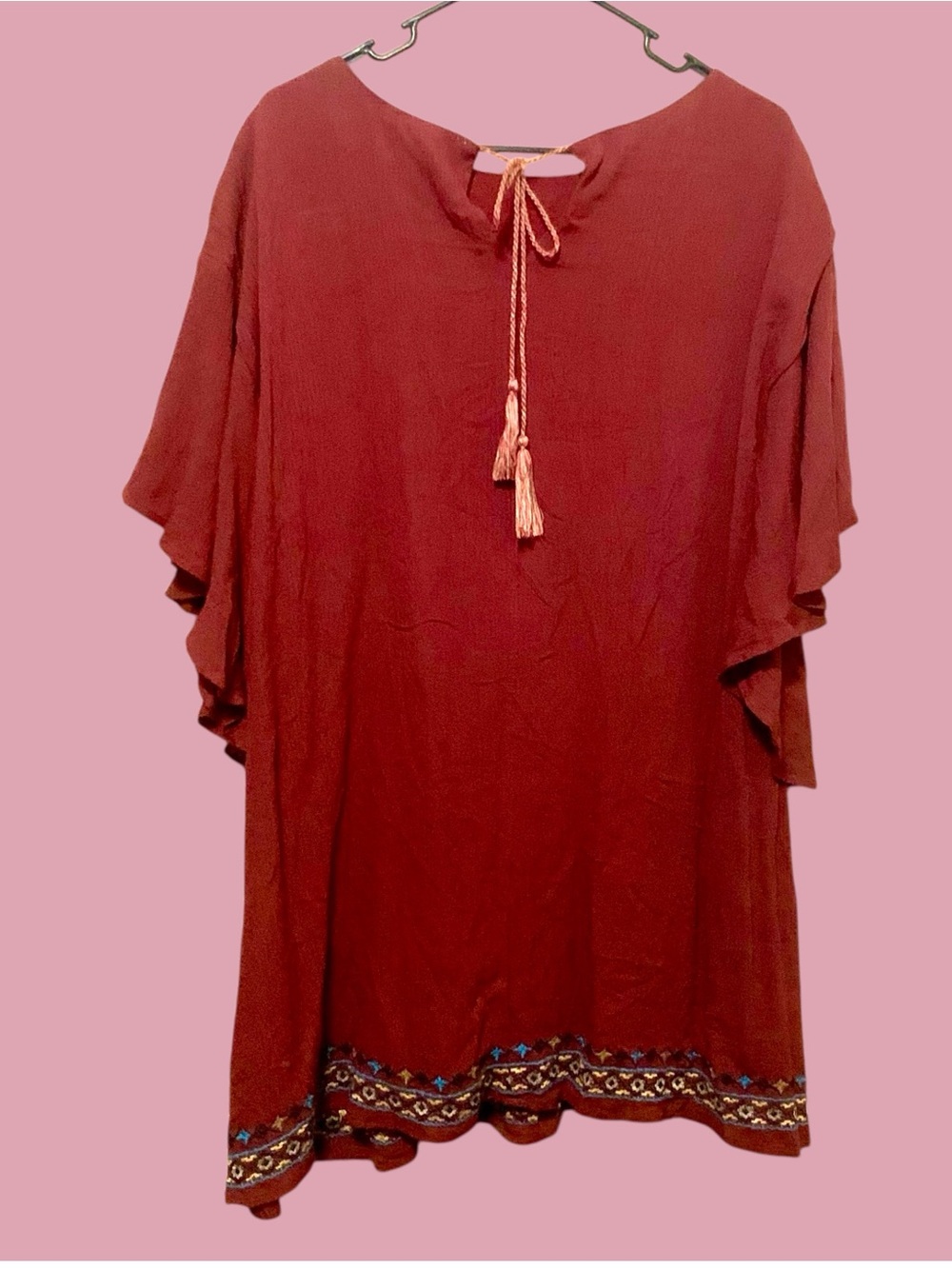 Umgee Wine boho tunic with colorful embroidered yoke and hem. - Picture 7 of 7